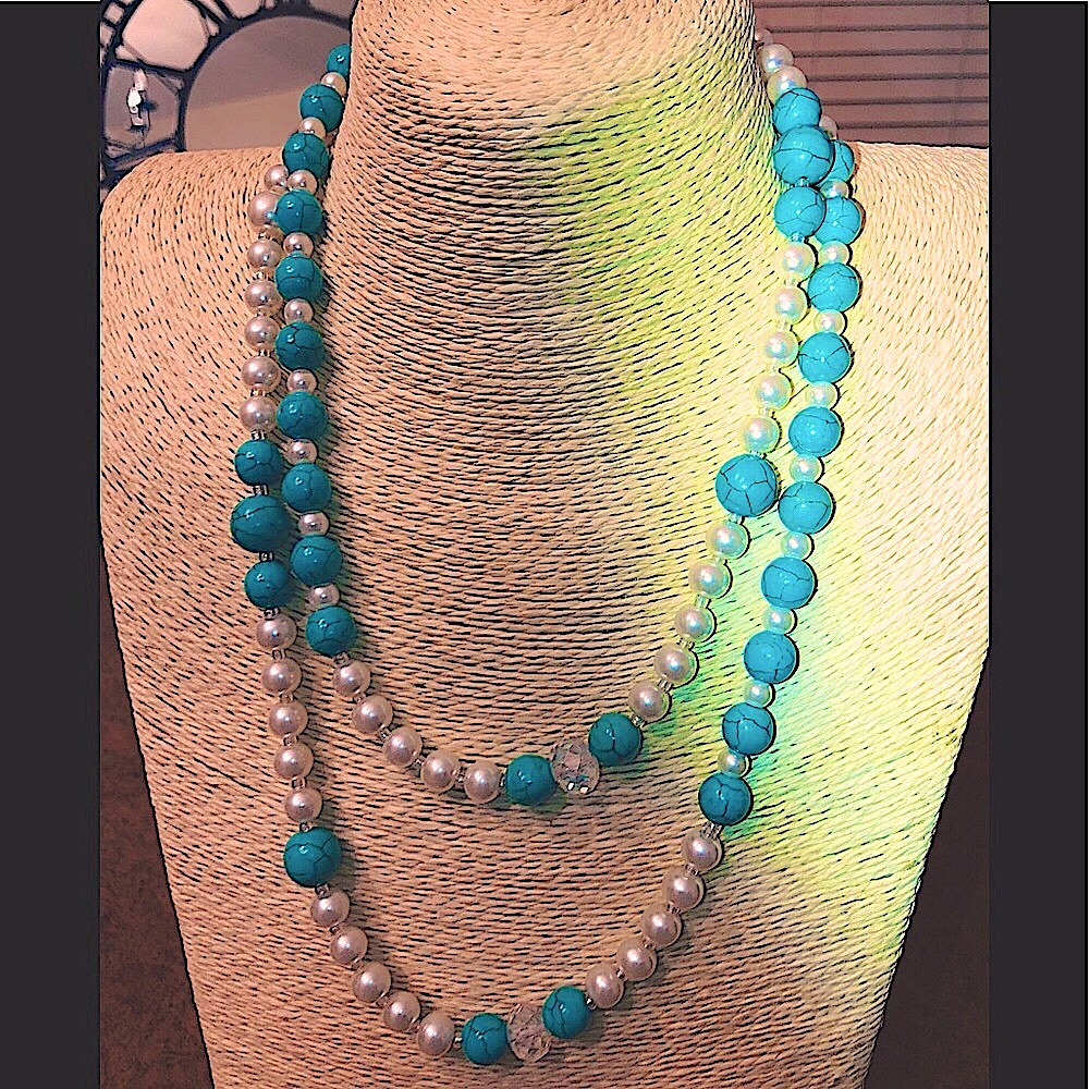 Pearls & Turquoise Long Necklace With Iridescent Crystals